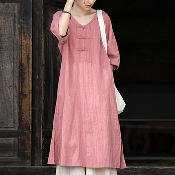 【米蘭精品】現貨+預購 新中式洋裝棉麻上衣手工亞麻連身裙夏季女裝大尺碼-短袖前襟盤扣女裙子3色74lw35