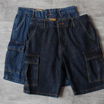重磅純棉水洗做舊日系多袋復古休閑工裝寬松夏季牛仔短褲五分褲男