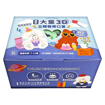 CHENYU 辰昱 3D醫療透氣口罩 13 x 10cm 7~12歲  歡樂小熊貓 綠色  30個裝  1盒