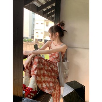 (免運)你好卡農 設計感小眾格紋吊帶連衣裙女夏2025新款氣質顯瘦a字長裙