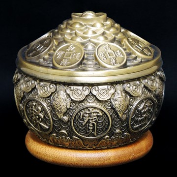 【吉祥開運坊】聚財【精緻浮雕厚銅製聚寶盆小尺寸 古銅色 附五色石 五帝錢 元寶】開光 擇日