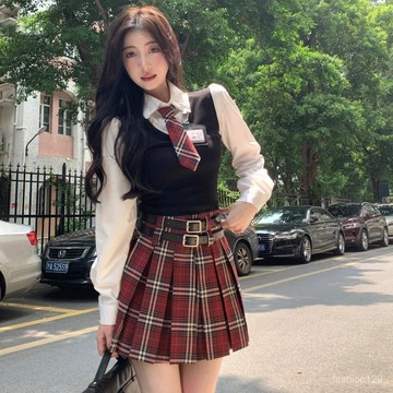 🔥大碼女孩必看🔥大碼胖mm甜辣妹學院風針織假兩件襯衫  JK製服半身裙  一整套裝200斤