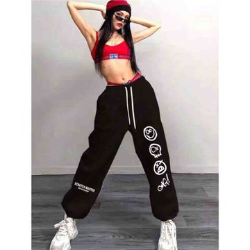 街舞hiphop嘻哈束腳運動褲女高腰寬松休閑爵士jazz跳舞長褲子ins