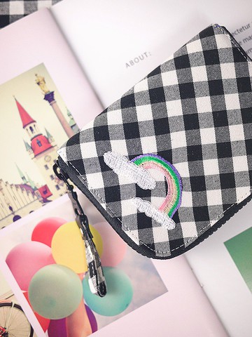【開運錢包】刺繡彩虹。黑白格。布短夾/皮夾/錢包/零錢包