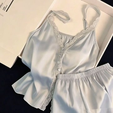 【臺灣出貨 免運】純色蕾絲帶胸墊睡衣女夏季冰絲緞面純欲風開衫吊帶家居服套裝可外