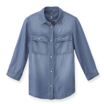 【ERSS】女裝 襯衫 牛仔 牛仔襯衫 休閒襯衫 長袖襯衫 長袖上衣 雙口袋 白釦 漂淺藍 【K40006】