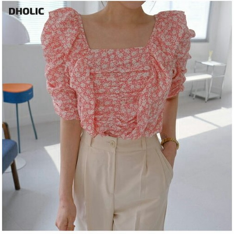 トップス ブラウス 半袖 花柄 フラワー パターン 小花柄 フリル スクエアネック 5分丈 ギャザースリーブ 体型カバー スリム 細身 フィット 夏 春 レディース 通販 Lineポイント最大0 5 Get Lineショッピング