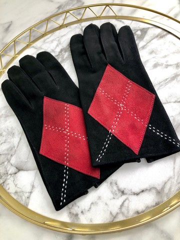 【日本直送 名牌中古包】CELINE 賽琳 麂皮 菱格紋 手套 紅色 黑色 vintage 古董 z77scn