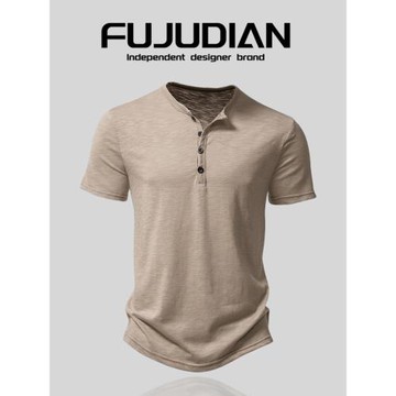 FUJUDIAN外貿男裝~2025竹節棉亨利領短袖T恤衫薄款時尚大碼休閑