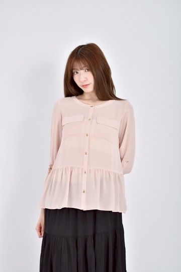 (S) michel klein質感透膚長袖粉色襯衫上衣