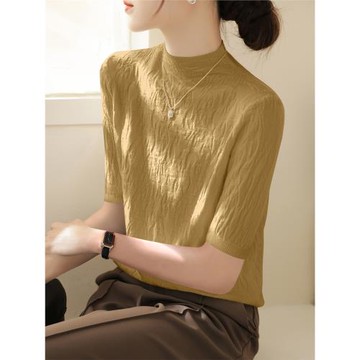 半高領高級肌理感設計針織衫女新款2025春秋五分袖修身打底上衣薄