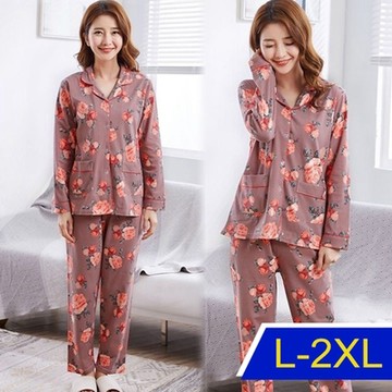 [韓國K.W.]大紫花棉質立領高質感休閒家居服(親膚/舒適/休閒/睡衣)