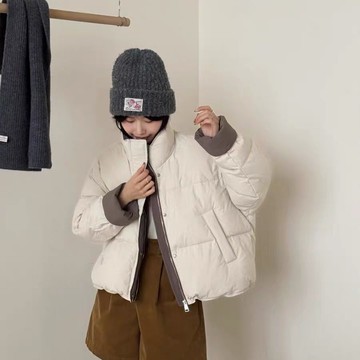 冬季韓國 羽絨棉服 外套 厚外套 撞色立領 短款棉衣  2025新款韓版立領羽絨棉服女 短款簡約撞色麪包服小個子棉服外套