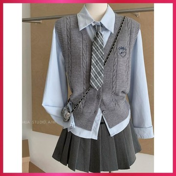 『ATC』日系jk制服學院風JK針織背心襯衫馬甲疊穿套裝女秋冬季新款襯衫刺繡小馬針織背心三件套