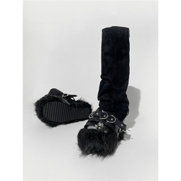 Visual focus 褲管靴女毛毛拖鞋兩穿Y2K時裝秀長筒靴酷颯瘦瘦靴
