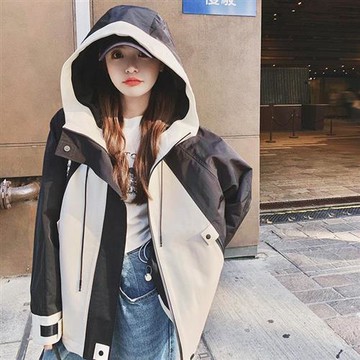 【巴黎精品】風衣外套休閒大衣-撞色衝鋒衣拼接連帽工裝女外套a1ih78