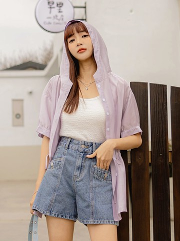 素色開襟腰抽繩連帽短袖罩衫