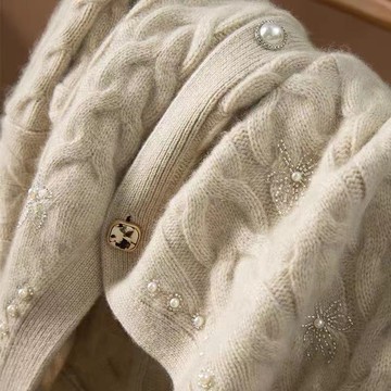 專柜撤柜高端高端2022秋冬復古針織開衫重手工釘珠羊絨毛衣女裝潮