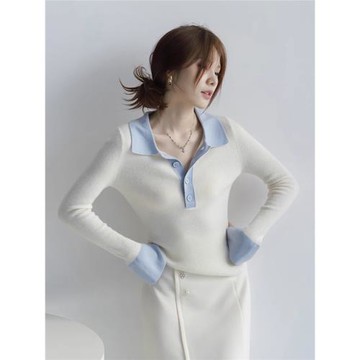 白色polo翻領毛衣打底衫女秋冬高級感修身針織衫撞色外穿內搭上衣