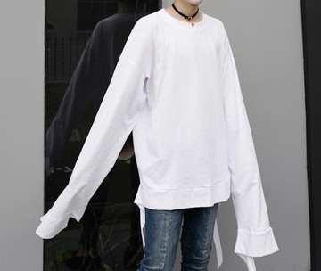 FINDSENSE Z1 韓國 時尚 潮 男 寬鬆大尺碼 超長衣袖 下擺破壞設計 長袖T恤 特色長T