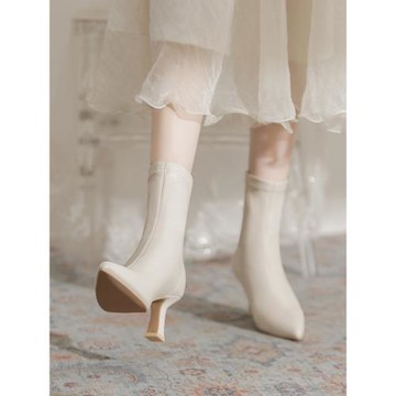 杏色高跟氣質瘦瘦靴女2024秋冬新款粗跟后拉鏈簡約韓版百搭短靴女