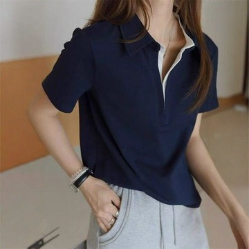 純棉短袖T恤 女 大尺碼親膚 透氣 百搭 休閒短袖 設計感撞色純棉POLO衫短袖T恤女夏季大碼胖MM寬鬆休閒高級感上衣0