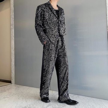 春秋小眾亮片拼接設計感炸街西褲男拼色歌手演出舞臺裝晚會褲子潮