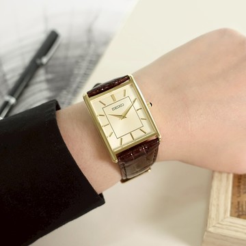 SEIKO 精工 / SWR064P1 / 復古方形 簡約紳士 日本機芯 壓紋真皮手錶 米黃x金框x咖啡 28mm