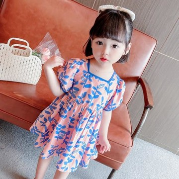 女童洋氣裙子2021夏季新款中小童公主裙女寶寶條方領泡泡袖連衣裙