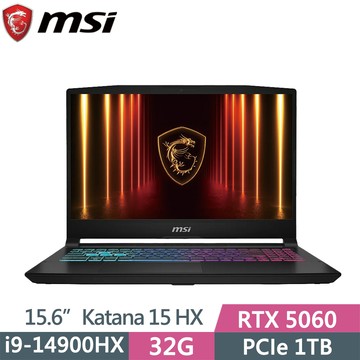 MSI KATANA-15HX-B14WFK-424TW 黑(i9-14900HX/16G+16G/1TB SSD/RTX5060/W11/15.6)