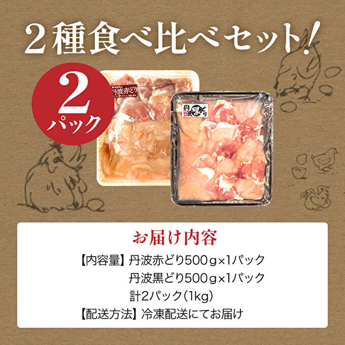 地鶏 丹波 黒どり 切身＆丹波赤どり 切身 各500g 計2パックセット 国産 鶏肉 冷凍 ボリューム 1kg 丹波山本 モモ肉 ムネ肉 ササミ 唐揚げ 鍋 キャンプ BBQ アウトドア