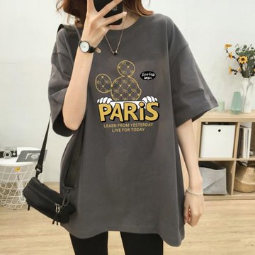 中長款印花短袖T恤女夏季新款歐貨寬松休閑高級感棉質體恤上衣潮