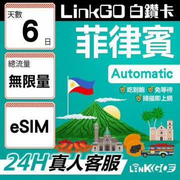 LINKGO白鑽卡 菲律賓 eSIM卡  6天上網卡 無限流量吃到飽 高速流量(菲律賓網卡 宿霧 巴拉望 馬尼拉)