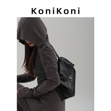 KoniKoni真皮小眾腋下包女2025新款高級黑色鏈條包超火單肩斜挎包