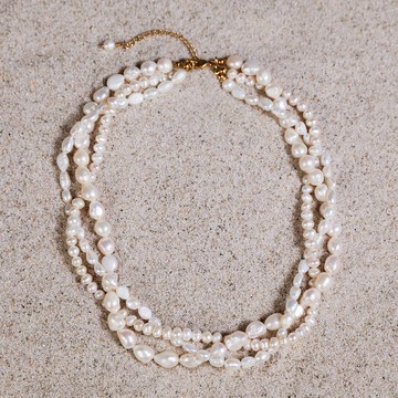 天然白色巴洛克淡水珍珠三圈項鍊 5–6 & 8–9mm 金色延長鏈