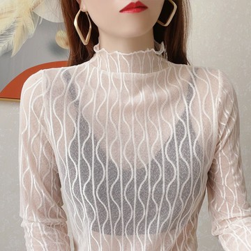 透視半高領網紗打底衫木耳邊洋氣薄款蕾絲上衣女內搭長袖【淘夢屋】