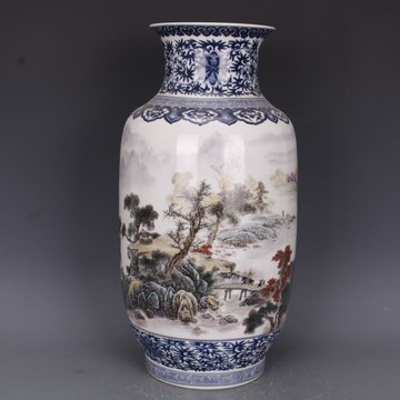 清乾隆青花斗彩山水紋冬瓜瓶仿古家居中式瓷器擺件古董古玩收藏1入