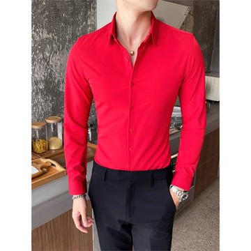 大紅色男士襯衫長袖本命年韓版正裝純色大碼休閑襯衣修身男式寸衫