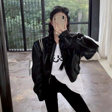 外套 INS美式復古黑色皮衣外套夾克短版外套美拉德穿搭寬鬆薄外套大碼女裝 10159