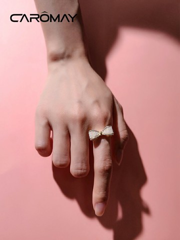 CAROMAY蝴蝶結開口戒指女冷淡風高級感指環時尚個性食指戒配飾