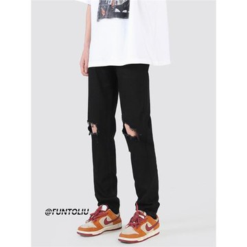 黑色破洞牛仔褲男夏季美式高街寬松直筒褲潮牌港風純色休閑長褲子