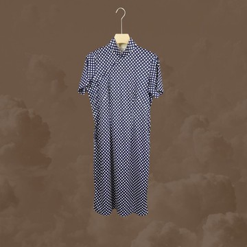 二手 深藍色 點點 古董訂製 短袖 旗袍 CA0912