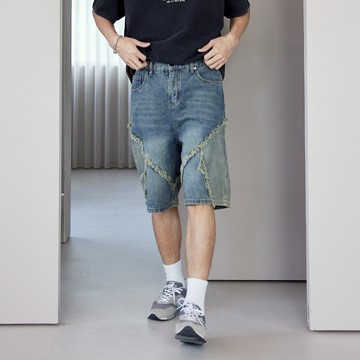 LAKING-潮流抽鬚拼接牛仔短褲