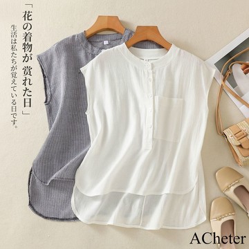 【ACheter】時尚文藝氣質棉麻感襯衫大碼寬鬆顯瘦無袖背心短版上衣# 121838(現貨+預購)
