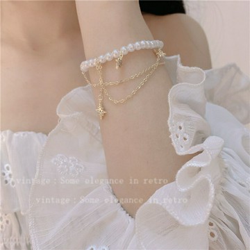 多層設計感鏈條流蘇珍珠手鏈 森系超仙小清新少女星星手鏈手飾女