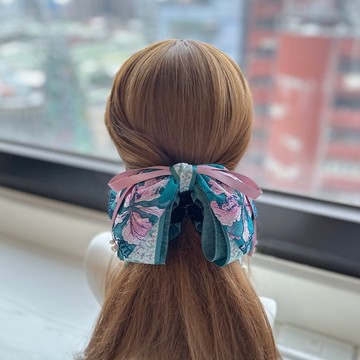 獨家蕾絲蝴蝶結鯊魚夾相交夾馬尾夾髮夾髮飾-藍綠色+粉色