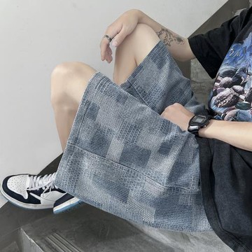 提花格子牛仔短褲男潮牌夏季薄款休閑中褲美式大碼寬松5五分褲子