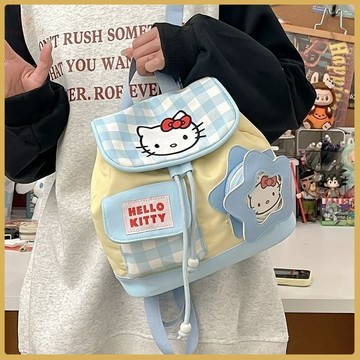 💚兒童書包💚新款書包學院雙肩包可愛格子抽繩迷你凱蒂卡通kt背包手提包髮完 III2