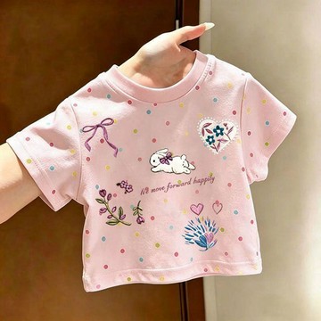 Mimo⭐夏季小兔子衣服短袖波點T恤百搭小衆兒童趣味圓領上衣T恤