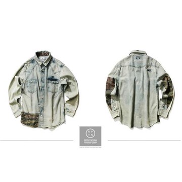 Reputation Splice Camouflage Denim Shirts-拼接迷彩水洗牛仔襯衫-行動